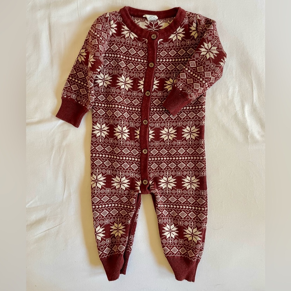 Kate Quinn long sleeve button down sweater jumpsuit | red Christmas sweater